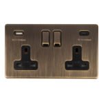 Eurolite AB2USBCB 2-Gang 13Amp Switched Socket with USB-C Ant Brass (LEAD TIME: 2-3 DAYS)